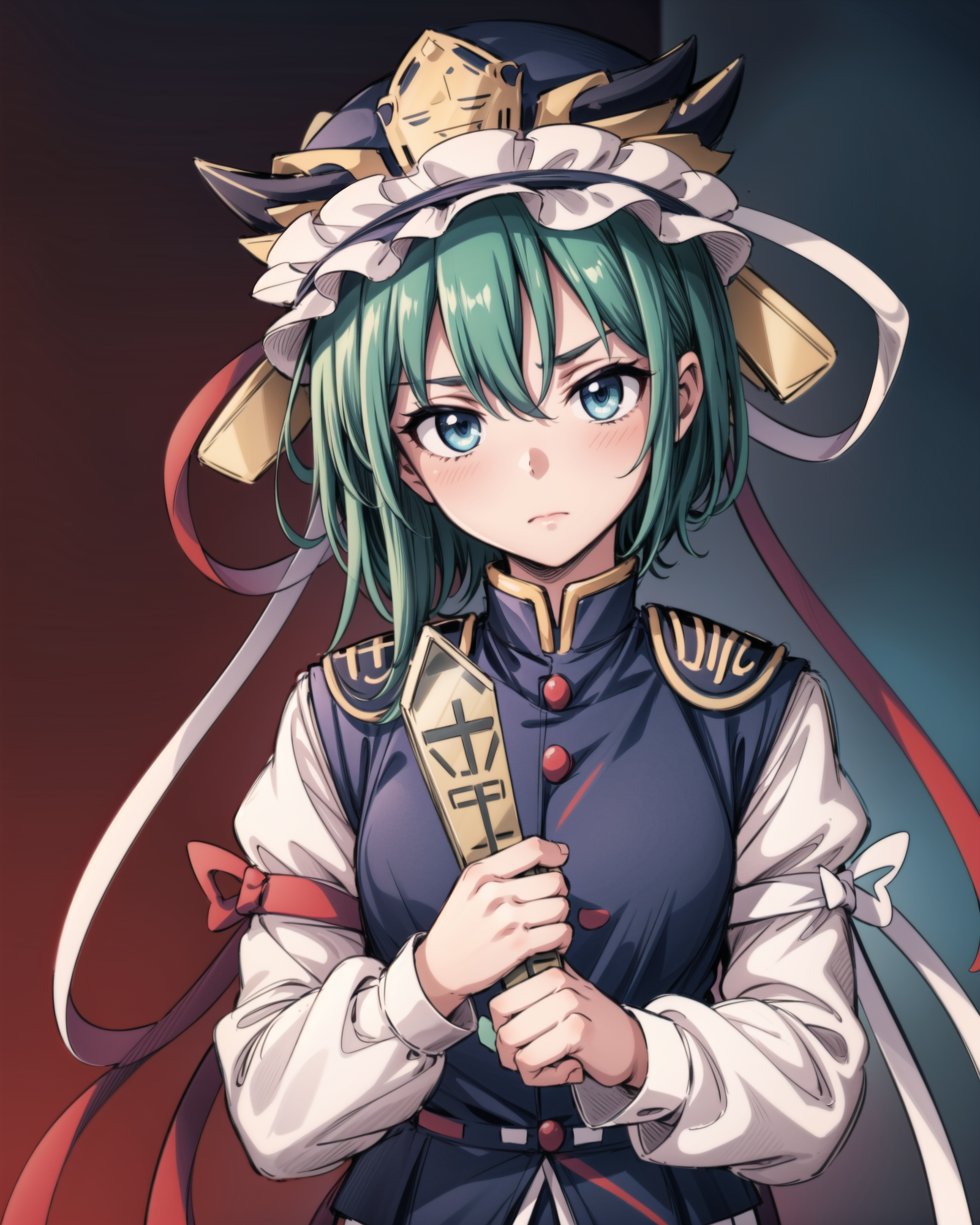 01633-3346583244-,1girl,shiki eiki, hat, blue vest,white shirt,black shirt, green hair, rod of remorse,short hair,long sleeves, bow, blue eyes, ,.png